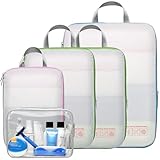 Cambond Compression Packing Cubes Travel - 5 Set Packing Cubes for Carry on Suitcases, Lightweight Expandable Travel Bags Luggage Suitcase Organizers Compression Cubes with Makeup Bag, White