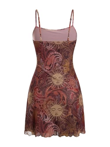 Image of Milumia Women's Summer Mini Dress 90s Boho A Line Mesh Short Dresses | Spaghetti Strap,Sleeveless,Vintage,Paisley Print,Festival Outfits,Cowgirl,Y2k,Goth,
