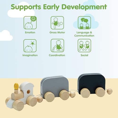 Image of PlanToys Celebration Wooden Train Set with Photo Slot & Chalkboard 3-Piece | customizable keepsake, pull along toy, rubberwood build, wooden train, kids, girls, boys, birthday gift idea preschool