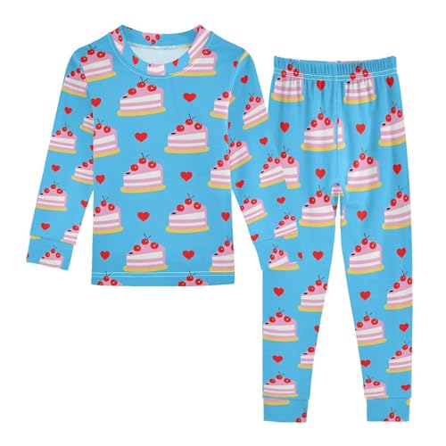 ALAZA Blue Cake Cherry Heart Pajamas Long Sleeve Sleepwear 2-Piece Pajama Set