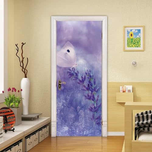 Tizhweqo Pegatina Puerta Flores Moradas Pegatinas para Puertas Mariposa Adhesivo Vinilo 3D Puerta Pegatina Pared Murales Papel Pintado Poster para Sala de Baño Decorativos 77x200 cm a5581