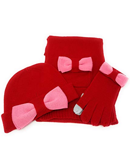 Kate Spade Scarf, Beanie and Gloves Set - Charm Red with Colorblock Pink Bow