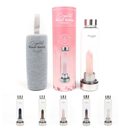 Myga Rose Quartz Crystal Water Bottle 16.9OZ 500ml Glass Drinks Bottle with Natural Healing Crystal and Neoprene Sleeve for Wellness and Self-Care for Gemstone
