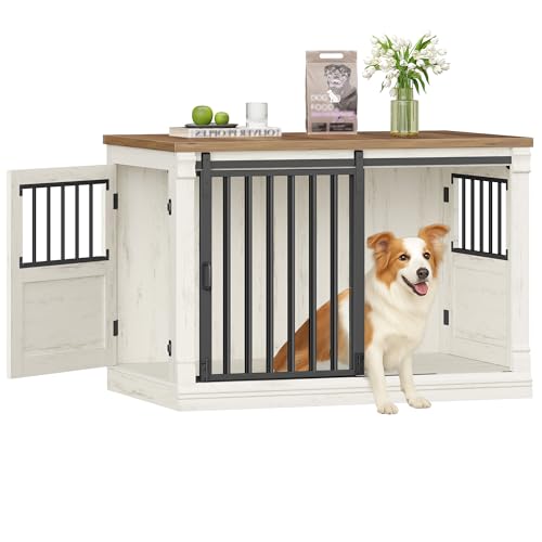 HEXCELEN 101cm Hundekäfig-Möbel, Hundebox Holz, Hundebox für Zuhause mit 3 Türen, Schiebetüren, für Kleine, Mittlere, Große Hunde, Robuster, Beistelltisch, 101 × 60,5 × 70 cm, Weiß Braun