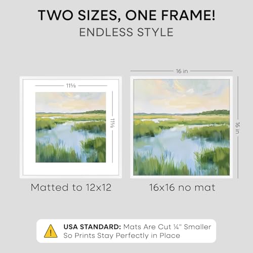 Image of Homeforia 16x16 Picture Frame White, High End Metal 16x16 Square Poster Frame Matted to 12x12 Print, 16 x 16 White Frames with Mat 12 x 12 Photo, 16by16 Thin Frames, Tempered Glass, Wall Kit, Set of 2
