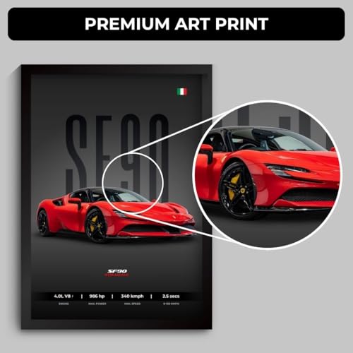 Image of Ferrari SF90 Poster | Framed SF90 Stradale A4 Sized (31 x 23 cm) | Supercar Poster | Supercar Posters for Wall, Gift for Boys, Car Frames | Car Posters for Wall, Bedroom, Hostel, Study Room (F 160)
