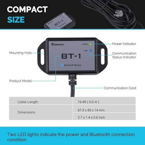 Image of Renogy BT-1 Bluetooth Module for PWM Charge Controllers (Wanderer /Adventurer) - RJ12 RS232 Port, Wireless Monitor via DC Home App,IP54