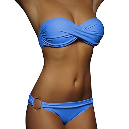 Conjunto de bikini push-up de 2 piezas para mujer, traje de baño con cintura alta, parte superior de bikini, moda de playa, bikini a rayas sin tirantes, azul, XL