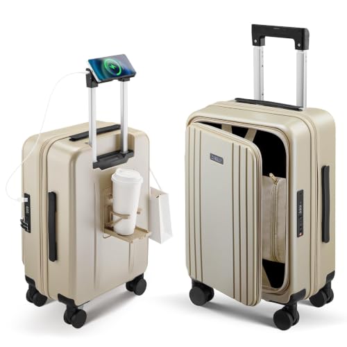Image of Carry On Luggage Top Opening with Cup Holder & Phone Holder, Expandable PC Hard Shell Suitcase with USB Charging Port, Side Hook, 360 Spinner Wheels, TSA Lock & YKK Zippers