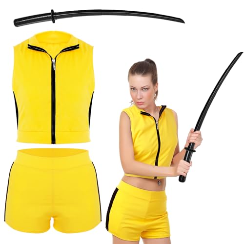 Shihanee 3 Pcs Killer Cosplay Costume Set for Women Yellow Crop Top Shorts with Black Knife for Halloween Outfit Accessories (M)