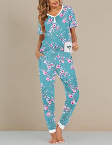 Image of Ekouaer Pajamas for Women Set 2 Piece Fall Lounge Sets Short Sleeve Pjs Joggers Long Pants Sleepwear with Pockets