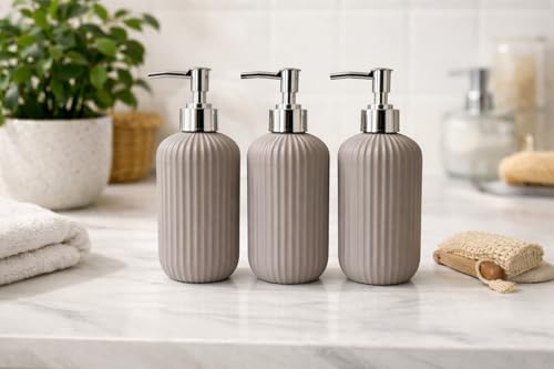Image of LAGET 300ml Soap Dispenser for Wash Basin - Plane Ribbed Design | Kitchen and Bathroom Accessories Items | Refillable Handwash Dispenser Bottle- Set of 3 (Grey)
