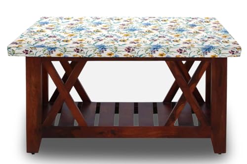 Image of The Furnishing Tree Elastic Cotton Square Center Table Cover 24x24 in Inches Floral Golden Leaf on offwhite Base