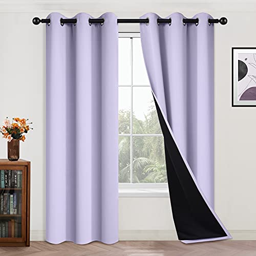 Image of Yakamok 84 Inch Length 100% Blackout Curtains for Bedroom, 2 Thick Layers Thermal Insulated Grommet Total Blackout Drapes with Black Liner for Living Room (42Wx84L,Lilac, 2 Panels) | Blackout Curtain Panels for Bedroom, 2 Thick Layers Grommet Top Thermal Insulated Drapes with Black Liner for Living Room