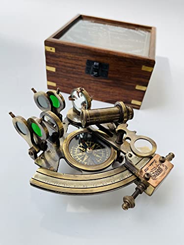 Image of Malla Inc. Nautical 5 inch Brass Working Navigational Sextant with Compass in Hardwood Box - Marine Sextant