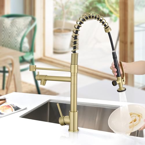Image of Fapully Commercial Brushed Gold Kitchen Faucet with Pull Down Sprayer