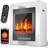 KESSER® LED Kamin mit Heizung elektrisch | Heizlüfter Elektrokamin mit Thermostat, Standkamin mit realistischem Feuer -/ Flammeneffekt per App + Fernbedienung & WLAN – mit Timer,15-35°C, Weiß