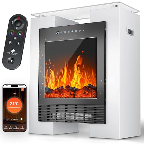 KESSER LED Kamin mit Heizung elektrisch | Heizlüfter Elektrokamin mit Thermostat Standkamin mit realistischem Feuer -/ Flammeneffekt per App + Fernbedienung & WLAN mit Timer 15-35C Weiß