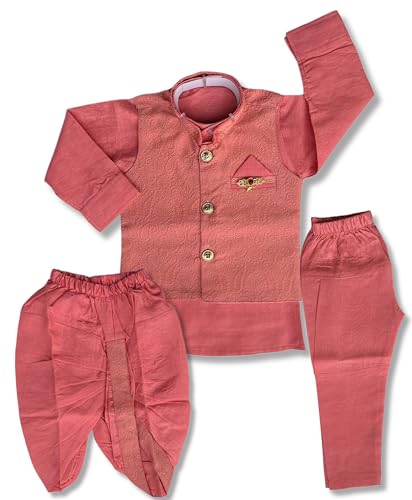 Image of Little Kids Ethnic Wear Kurta Pyjama and Waistcoat Set For Boys | Stylish Ethnic Wear | 3-piece set | Silk and Cotton Blend Fabric