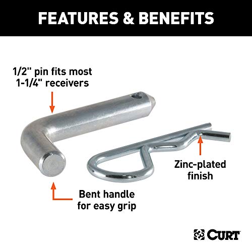 Curt 21400 Trailer Hitch Pin & Clip, 1/2-Inch Diameter, Fits 1-1/4-Inch Receiver, Clear Zinc #TOP2