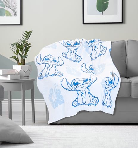 Image of Jay Franco Disney Lilo and Stitch Feather Knit Fluffy Throw Blanket - Blue Floral Fuzzy Blanket Measures 50 x 60 Inch | Super Soft Lightweight Bedding