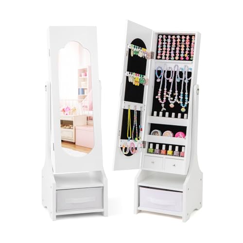 CHEFJOY Kids Jewelry Armoire Cabinet, Children Dressing Organizer with Mirror Full-Length & 3 Storage Drawers, Free Standing Princess Make Up Vanity for Girls Room, Bedroom (White)