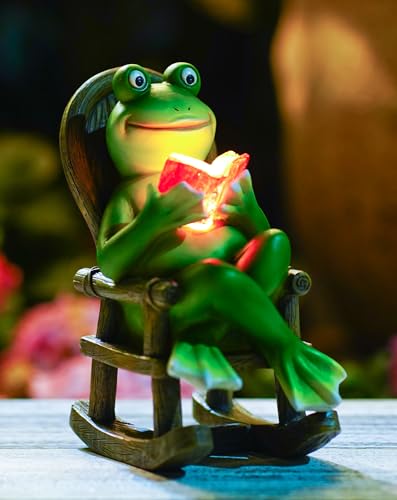 Frosch Lesen und Entspannen auf Schaukelstuhl Solarbetriebene LED Outdoor Dekor Gartenleuchte Gartenfiguren Outdoor Frosch Geschenke für Frauen und Feengarten Zubehör