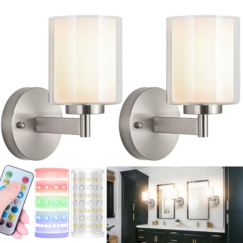 Image of Nekhung Battery Operated Wall Sconce Set of 2, Wireless Wall Sconce with Remote,10000mAh Rechargeable RGB Dimmable Bathroom Light Fixtures with Double Clear Glass Shade NOT Hardwired (Nickel)