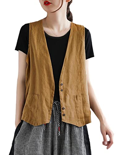 Zontroldy Womens Cotton Linen Vest Casual Loose V Neck Sleeveless Vests Jacket Blazer Waistcoat with Pockets
