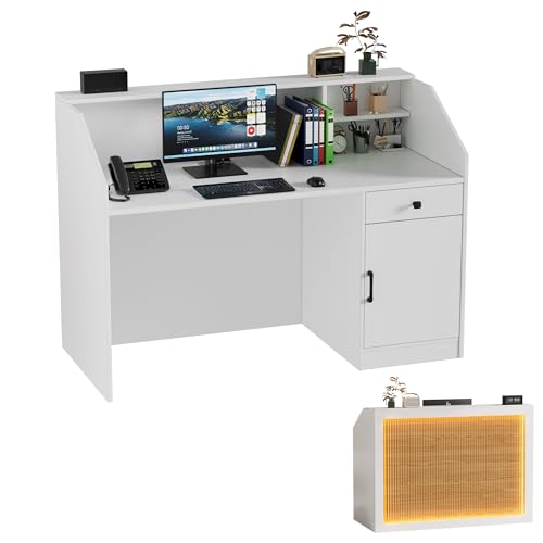MSFE Empfangstheke mit LED,Verkaufstheke mit Schubladen,Schränke,Regale und Ladestation,Modern Holz Empfangsmöbel Rezeption Tisch Kompakt Fronttresen für Beauty Salon,Geschäft,Hotel,Büro,140*60*110CM