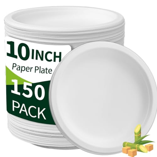 Drihara Heavy Duty Paper Plates 10 inch Large (Round-150 Count) White Disposable Dinner Paper Plates Bulk for Everyday Meals, Picnic, BBQ and Gathering, Leak Proof/Microwave-Safe/Sturdy/Cut Resistant
