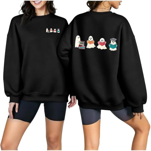 Womens Cute Ghost Plant Crewneck Sweatshirt Front‑Back Print Halloween Top - image 1