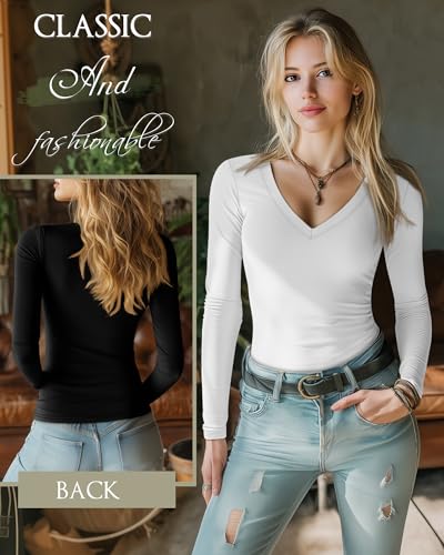Huukeay 3 Pack Women's Deep V Neck T-Shirts, Long Sleeve Tee Cotton Slim Fitted Tops Casual Fall Basic Tight Tee Shirts2