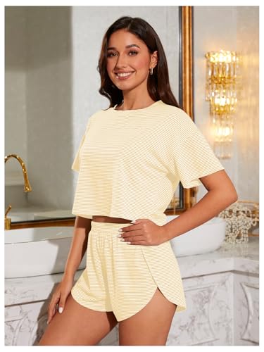 Image of OYOANGLE Womens Pajama Sets 2 Piece Sexy Lounge Sets Summer Cute Pjs Striped Print Tee and Side Split Shorts Set