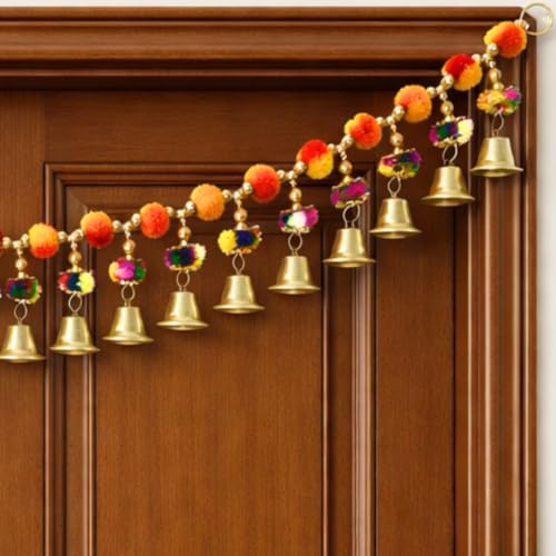 Image of Handmade Multicolor Pom Pom Bandhanwar for Main Door | Bright Traditional Toran with Bells for Door, Mandir & Pooja Room | Decorative Bandhanwar for Diwali, New Home & Festive Decor (39 Inch)