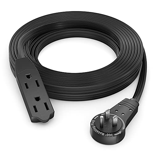 Maximm Cable 15 Ft 360 Rotating Flat Plug Extension Cord/Wire 16 AWG Multi 3 Outlet Extension Wire 3 Prong Grounded Wire - Black - UL Certified