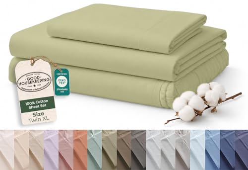 Image of Royale Linens 100% Organic Cotton Twin XL Sheet Set - 16 inch Deep Pocket Bed Sheets - Sage Green Bed Sheets - Sabanas Twin XL - 1 Flat 1 Fitted & 1 Pillowcase - Sage Green Sheet Set - Cotton Bedding Sets