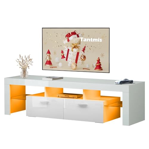 Modern TV Stand for 55/65/70/75 with LED Lights and Large Storage, Table Top Gaming High Gloss TV Stand, White Rustic Entertainment Center for Living Room, Bedroom, Media Console