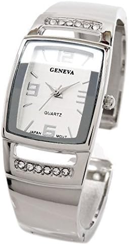 Geneva Silver Metal Crystal Band Square Face Fancy Women's Bangle Cuff Watch