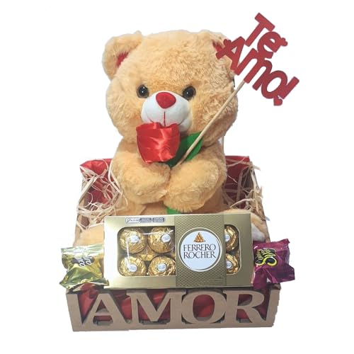 Cesta Namorados Amor Com Urso com Flor E Ferrero Rocher