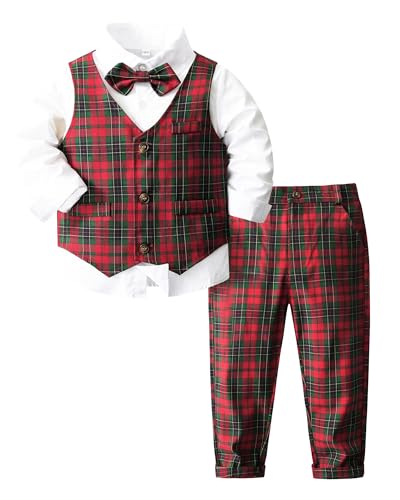 Image of ARTMINE Toddler Boy Clothes Suit Gentleman Wedding Outfits, Formal Dress Shirt+Bowtie+Vest+Pants