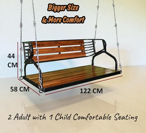 Image of Kaushalendra Hanging Swing for Indoor Outdoor Balcony, 122 cm Stainless Steel & Teak Wood, 350kg Capacity, Pre Assembled, Black Powder Coated, Includes Springs & Hooks
