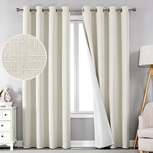 MISS SELECTEX Textured Linen 100% Blackout Curtains for Bedroom/Living Room Energy Saving Window Treatment Curtain Drapes, Faux Linen Look Fabric with White Blackout Liner (52×63, Ivory, 2 Panels)