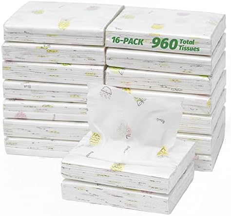 Facial Tissues Packs, Pocket Tissues Travel Size Mini Cute Print Designed 3 Ply Tissue for Kid School Travel Camping Office Store Car Bulk Wedding Party Favors Supplies, 16 Packs of 960 Total Tissues