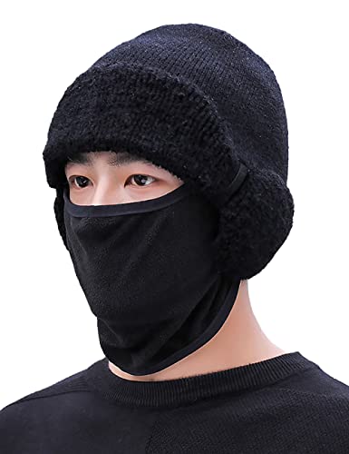 Anlaey Beanie Hats Winter Knitted Fleece Ear Flap Hat Skull Cap Warmer For Men Black #TOP12