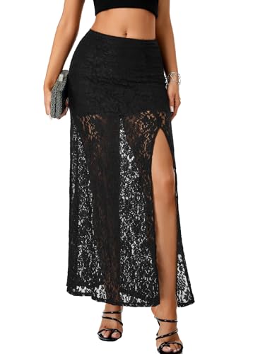 Rooscier Women's See Through Sheer Lace High Slit A Line