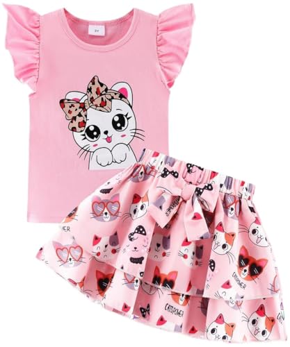 Image of Girls Skirt Set 2 Piece Outfit Toddler Summer Clothes Ruffle Sleeve T-Shirt Bow Knot Tutu Skirt Outfit Set