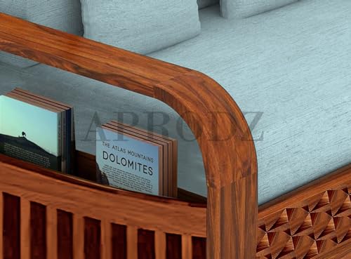 Image of APRODZ Geometric Solid Sheesham Wood Sofa Cum Bed 2 Seater Velevt Fabric with Blue Upholstery & Cushion Perfect Sofa Furniture for Home Living Office Room and Guests (Honey Finish 75x51x30-Inch)