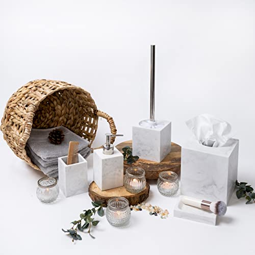 Kurrajong Farmhouse 5 Piece Bathroom Accessories Set Complete | Faux Marble and White Bathroom Accessory Set | Tissue Box, Toilet Brush, Soap Dish, Soap Dispenser, Toothbrush Holder - Image 2