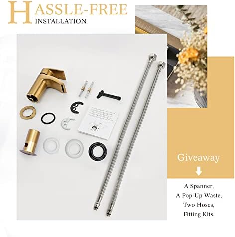 Hapilife Brushed Gold Basin Taps with Pop up Waste Mixers Bathroom Sink tap Brass with Hoses